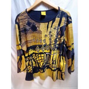 Katina Marie Womens Black Yellow Abstract Print Rhinestone Novelty Top Size 1X